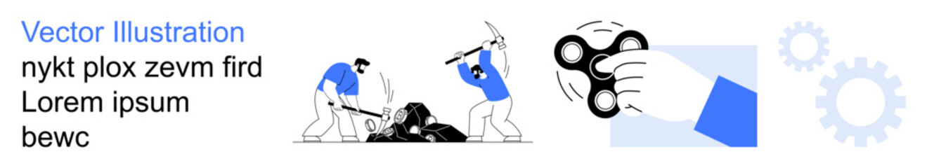 Mining operations, teamwork, problem-solving, creativity, productivity, mechanical innovation. Workers using tools, hand holding spinner gear symbols. Mining and creativity concept © robu_s