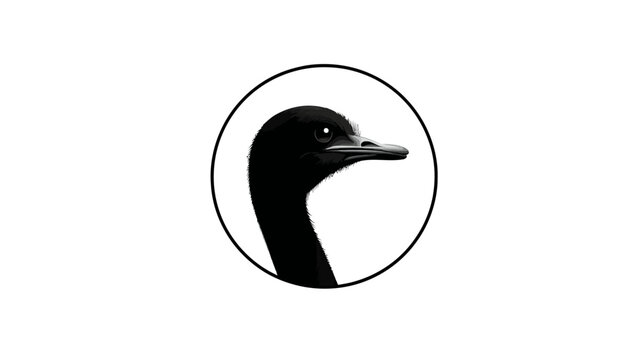 A grayscale illustration of a bird's head and neck enclosed in a black circle