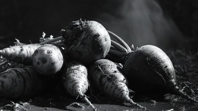 Black and white close-up of freshly harvested root vegetables on damp ground with moody lighting