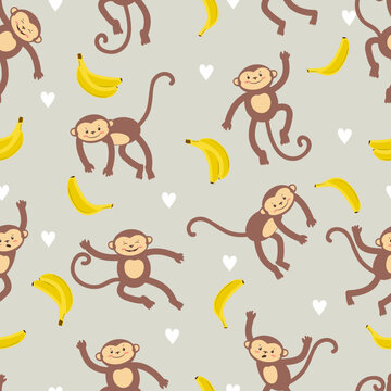 Cute cartoon mankeys and bananas seamless pattern. Vector illustration for kids
