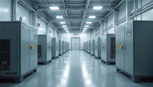 Clean industrial room with rows of grey machinery cabinets. Air pipes run overhead in a modern, well lit production facility. Rows of equipment storage units.