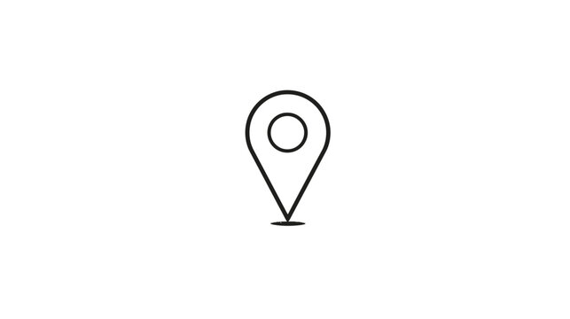 A simple, black line art map pin icon, centered on a stark white background