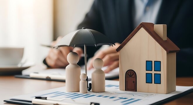 Family protected by insurance umbrella standing in front of a house model