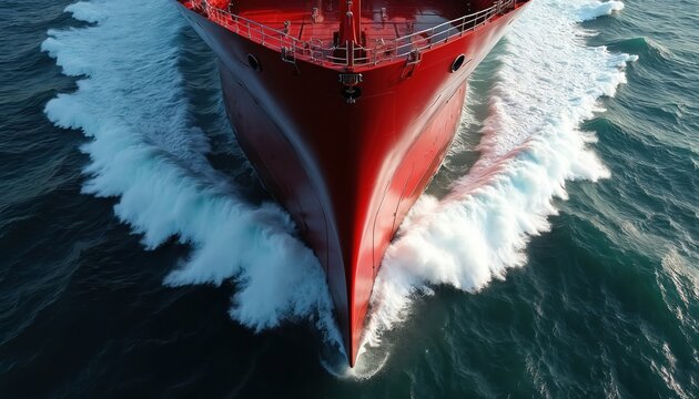 Massive red cargo ship cuts through dark ocean waves creating white foamy spray. Large vessel sails on rough sea during daytime journey. Maritime transport travels across water.