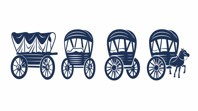 Silhouettes of covered wagons and a horse-drawn carriage arranged on white background