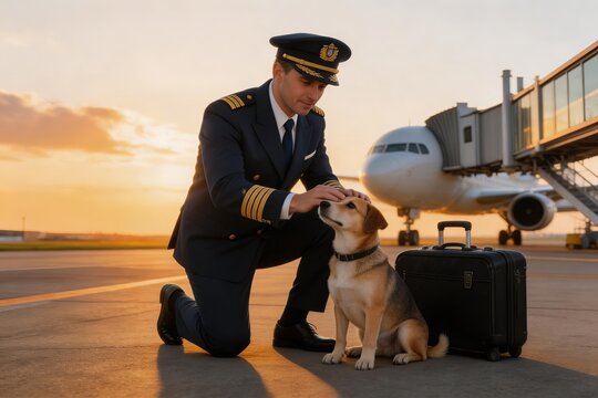 Male pilot in uniform kneels to pet a dog on airport tarmac at sunset, with jet and jet bridge in background. Conveys aviation, travel, and companionship themes.