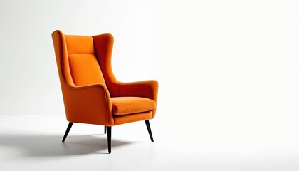 Fototapeta premium Orange wingback armchair with slim black legs sits alone. Modern furniture piece on plain white studio background. Comfortable seat for quiet relaxation in any room.