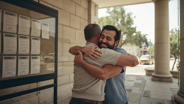 合格発表で番号を見つけ見知らぬ中南米系男性三十代と抱き合う白人男性四十代