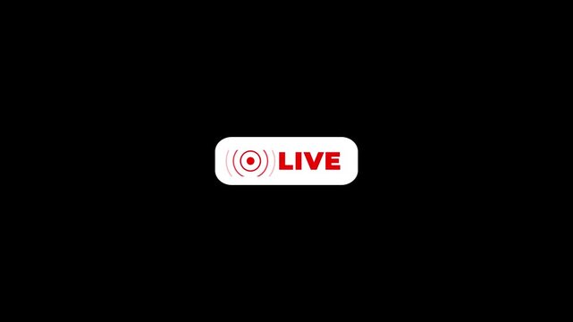 Live broadcast button with signal waves icon red text on black background minimal flat design streaming symbol online media concept modern UI notification badge graphic element