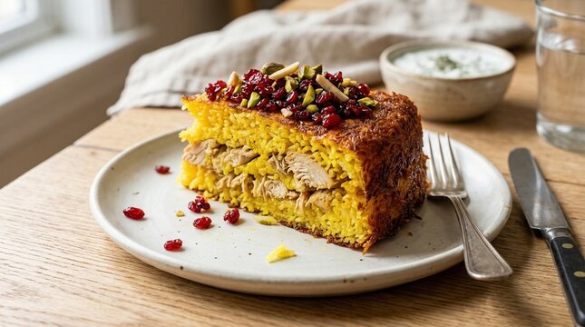 Golden Saffron Tahchin Layered Rice Cake with Chicken