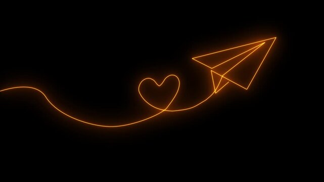 Neon paper airplane with heart trail glowing blue line art on dark background abstract love message concept minimal futuristic design digital illustration smooth curve light effect