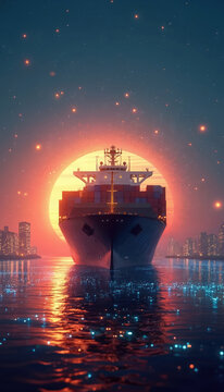 Cargo ship sails on ocean water at sunset. City skyline glows with lights. Shipping container vessel navigates sea near port. Logistics transport industry on globe.