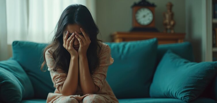 Young woman sits alone on sofa, covers face with hands. Her posture shows deep sadness, despair, or worry about a serious personal issue. Indoor setting suggests isolation.
