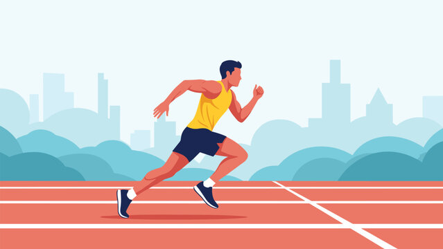 Male athlete sprinting on a running track with a stylized blue city skyline in the background representing urban sport and fitness.