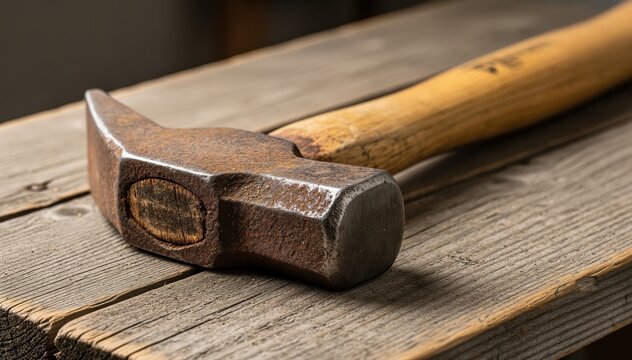 Hammer on Weathered Wood: A close-up shot of a well-worn hammer resting on rough wooden surface, hinting at craftsmanship and hard work.