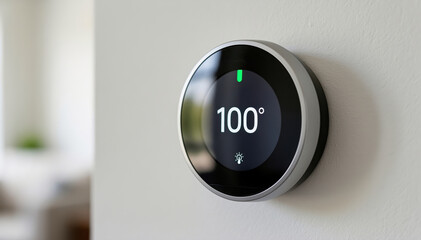 Fototapeta premium Smart Home Thermostat Control: Close-up shot showcases a modern, circular smart thermostat, prominently displaying a temperature reading on a wall. It signifies home automation and energy management.