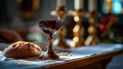Fototapeta premium Close up of a ceramic chalice and a small loaf of unleavened bread on a white linen altar cloth embroidered with a golden cross the chalice filled with deep red wine catching