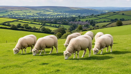 Fototapeta premium Sheep Grazing in Green Field: A flock of sheep peacefully grazes on a vibrant green field, set against a backdrop of rolling hills and a bright blue sky, embodying the serenity of rural life.