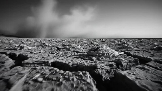 Black and White Wide Angle View of Dry Barren Landscape with Cracked Earth and Animal Skeletons Under Storm Clouds