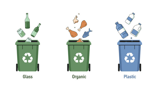Three recycling bins for glass organic and plastic waste with corresponding trash items being sorted for ecological disposal.