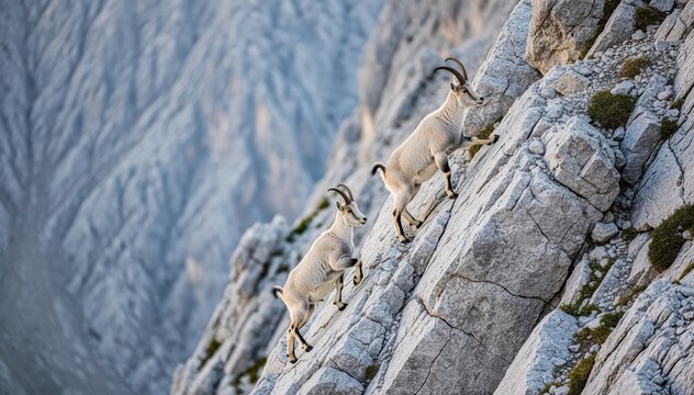Mountain Goats Ascending: Capture the powerful image of two mountain goats fearlessly scaling the rugged terrain of a steep mountainside.