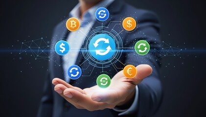 Fototapeta premium Digital Currency in Hand: A professional hand gestures toward digital currency symbols, symbolizing the interconnectedness and flow of global finance in an innovative way. 