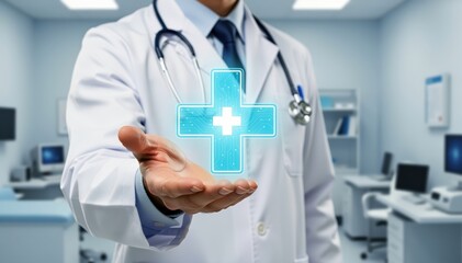 Fototapeta premium Healthcare Professional and Symbol of Support: A doctor, embodying expertise and compassion, extends a hand, presenting a glowing medical cross, a symbol of care, healing.