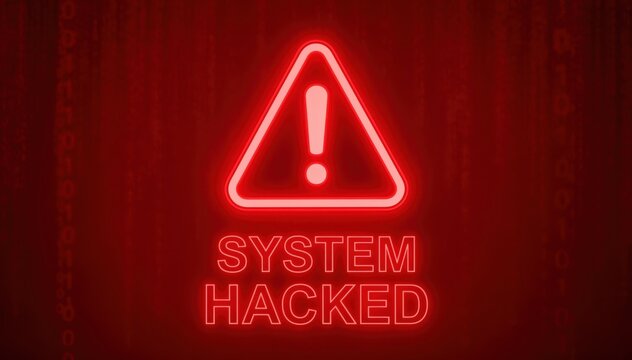 System Hacked Alert: A stark, neon-lit warning sign declaring SYSTEM HACKED in a digital landscape, accompanied by an exclamation mark within a hazard triangle.