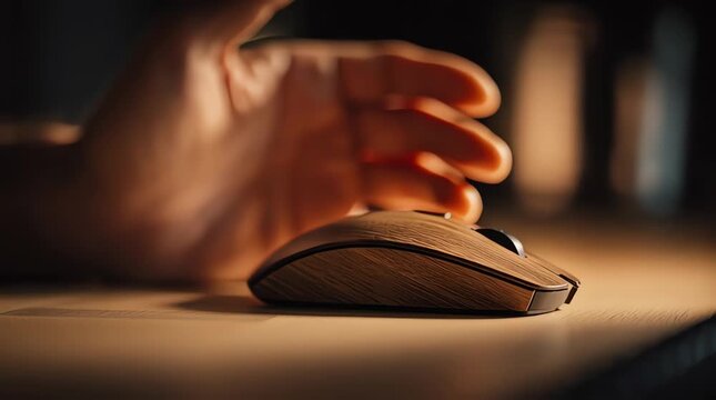 Close-up of a hand using a computer mouse on a desk, illuminated by a warm light, highlighting focus and precision in digital work.