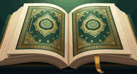 Fototapeta premium Open ornate green and gold Quran, Islamic holy book with intricate Arabic calligraphy, spiritual guidance and wisdom, artistic depiction, high detail, elegant presentation