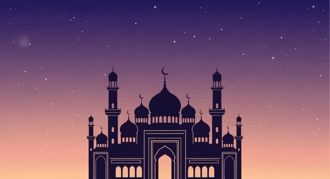 Majestic Islamic mosque silhouette against a vibrant twilight sky with scattered stars, a serene architectural masterpiece bathed in gradient hues of purple and orange.