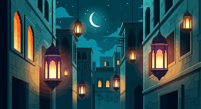 Mystical Arabian Night Scene Intricate Moroccan lanterns illuminate a narrow, ancient alleyway under a crescent moon, evoking a sense of enchantment and cultural heritage.