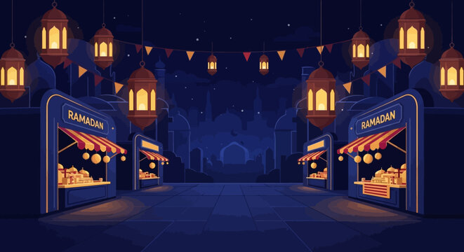Enchanting Ramadan night market scene with glowing lanterns, colorful pennant banners, and traditional stalls, featuring Islamic architecture silhouetted against a deep blue twilight sky.