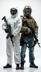 Naklejka premium Man in hazmat suit and soldier in tactical gear hold rifles. Scientists and military unite against biological threats. Cooperation ensures global safety from pandemic.