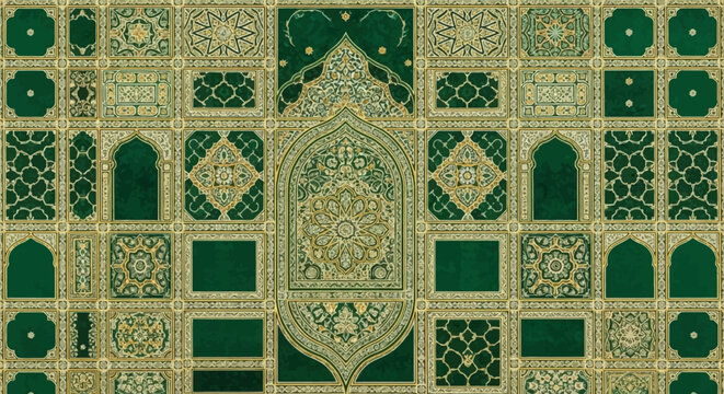 Intricate Islamic prayer rug with traditional geometric patterns, vibrant green and gold intricate Arabian design, detailed arabesque motifs, sacred Islamic tapestry art