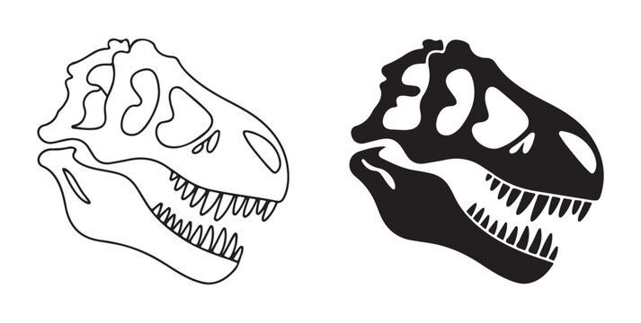 T-rex skull vector illustration. skeleton predator dinosaur head on white background, contour and silhouette