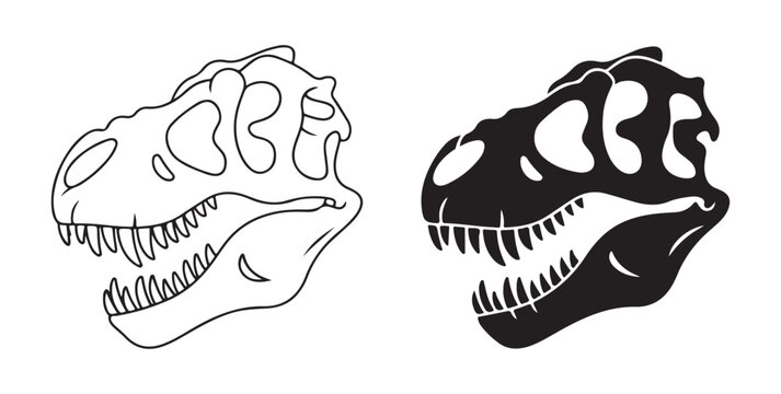 Tyrannosaurus rex skull illustration in outline and solid black versions for paleontology enthusiasts design