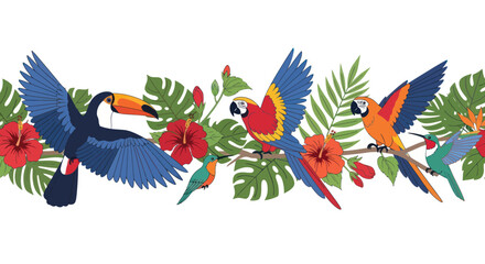 Toucans and parrots in flight together. © Tukang