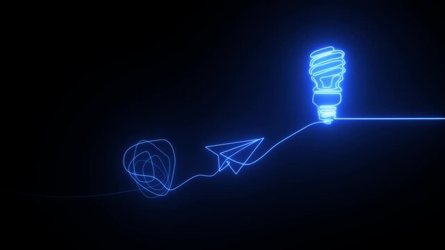 Neon glowing light bulb with paper airplane idea concept blue line art on dark background creative innovation minimal futuristic design digital modern imagination symbol