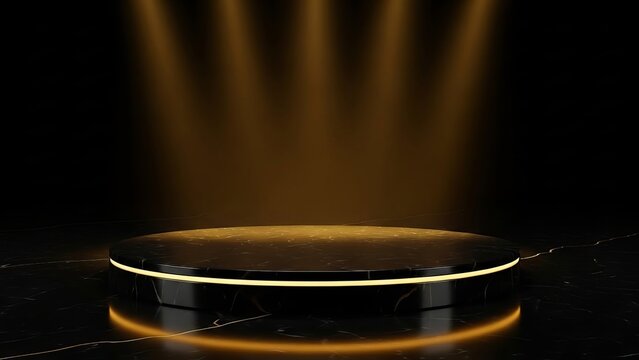 Glowing Black Circular Platform with Golden Light Ring on Dark Reflective Surface