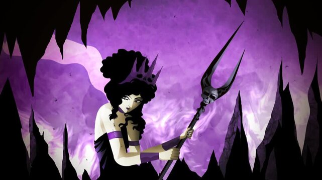 persephone in underworld with souls and infernal fire holding bident