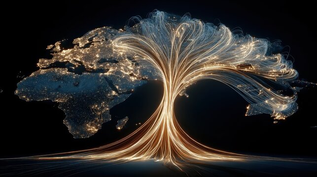 Cybernetic world tree with roots connecting continents and branches glowing like fiber optic networks