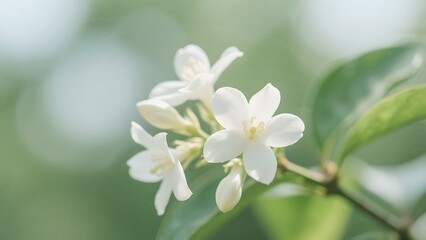 Obraz premium Close-up of delicate white blossoms on a vibrant green stem, showcasing the beauty of nature's simple elegance with a soft, blurred background, evoking a sense of tranquility and purity