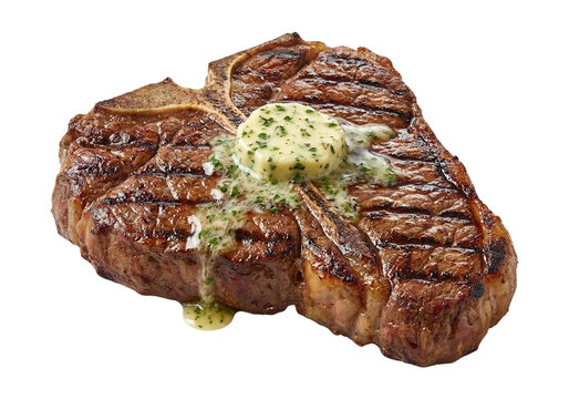 Delicious Grilled T-Bone Steak with Herb Butter on White