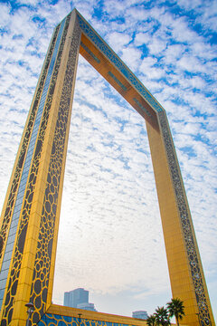 Duabi UAE 7th Feb 2026: Dubai Frame is a striking architectural landmark in Zabeel Park, Dubai, framing views of old and new city skylines within its iconic golden structure.