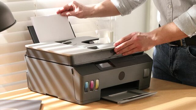 Man loading paper into printer at wooden desk indoors, closeup