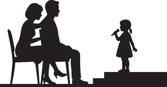 Silhouette of a young girl performing on stage for her supportive parents, embodying family pride and childhood aspirations