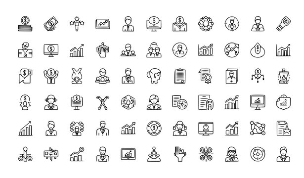 A collection of business and finance icons in a flat, minimal design style
