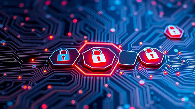 Blockchain network concept with hexagonal digital locks on futuristic circuit board representing distributed ledger technology, cybersecurity, and secure data transactions
