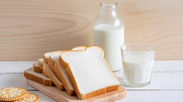 A glass of milk and a bottle of milk with sliced bread on a wooden cutting board